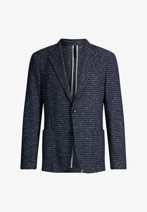 Navyblauwe blazer met wit geruit patroon, twee voorzakken, revers met inkeping en sluiting met één knoop.