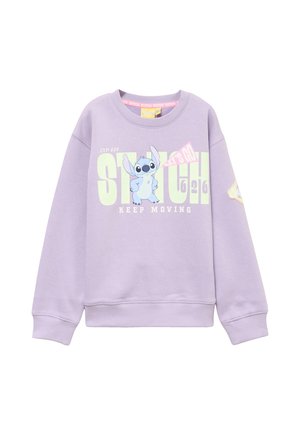 Sweat lilas avec le personnage de dessin animé Stitch, grand texte "STITCH" en jaune pâle, "LET'S GO" en rose et "KEEP MOVING" en blanc.