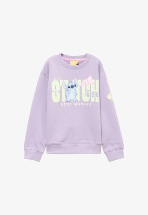 Liliowa bluza z postacią kreskówkową Stitch, duży napis „STITCH” w jasnożółtym, „LET'S GO” na różowo i „KEEP MOVING” na biało.
