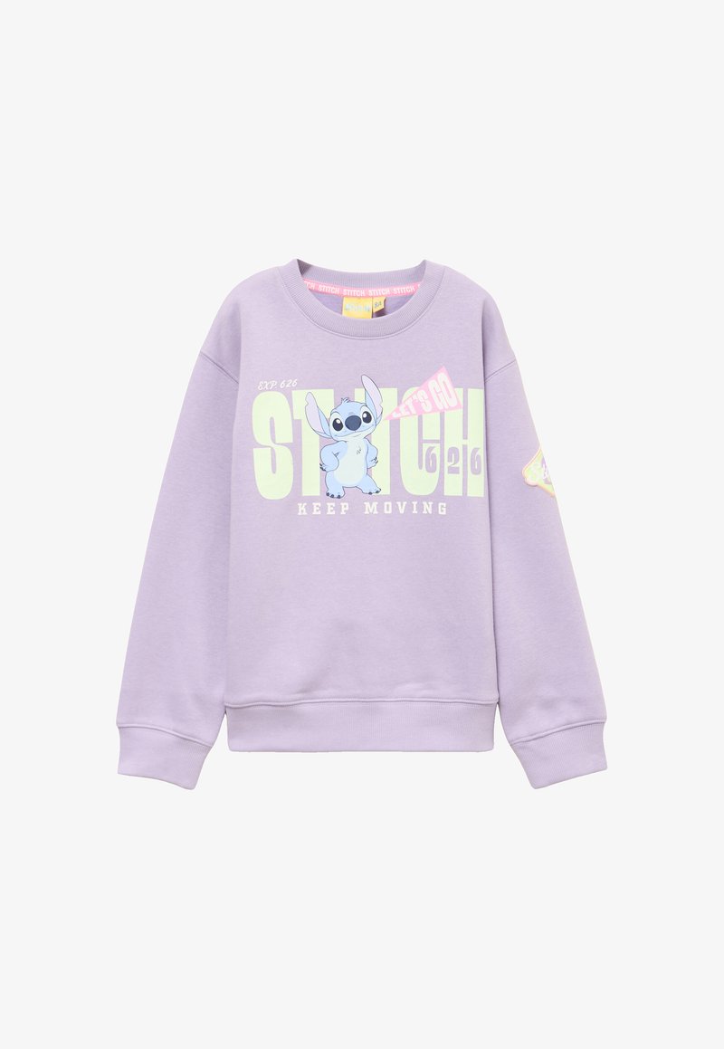 Sudadera lila con el personaje de dibujos animados Stitch, texto grande "STITCH" en amarillo pálido, "LET'S GO" en rosa y "KEEP MOVING" en blanco.