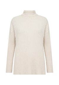 Maglione a collo alto a coste color beige chiaro, con maniche lunghe, vestibilità rilassata e texture morbida. Presenta sottili righe verticali su tutta la superficie.