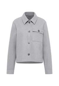 Grijze cropped jas van zachte stof, met een klassieke kraag, sluiting met knopen aan de voorkant, en een enkele borstzak met knoopdetail.