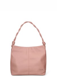 Borsa in pelle rosa con finitura testurizzata, dotata di manico intrecciato e due cuciture orizzontali sul davanti. Design compatto e morbido.