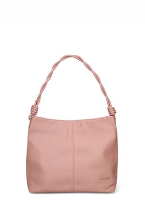 Sac à main en cuir rose avec une finition texturée, doté d'une poignée tressée et de deux coutures horizontales sur le devant. Design compact et souple.