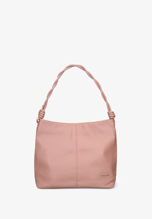 Borsa in pelle rosa con finitura testurizzata, dotata di manico intrecciato e due cuciture orizzontali sul davanti. Design compatto e morbido.