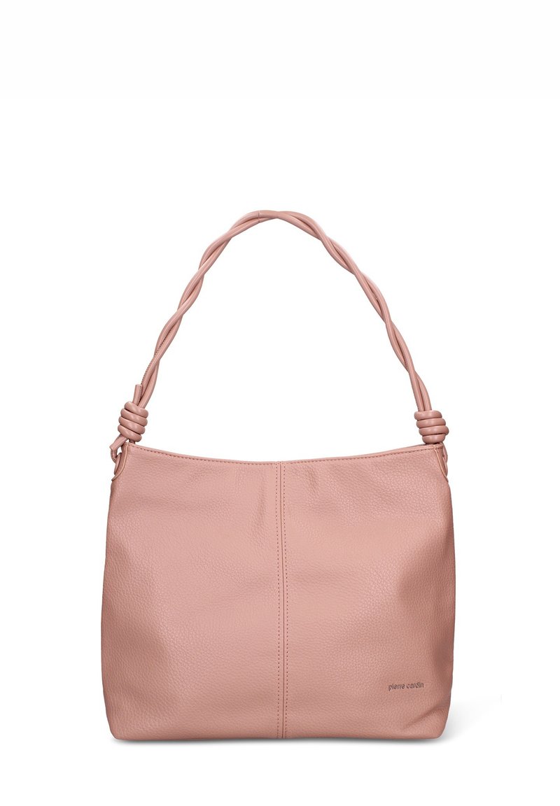 Borsa in pelle rosa con finitura testurizzata, dotata di manico intrecciato e due cuciture orizzontali sul davanti. Design compatto e morbido.