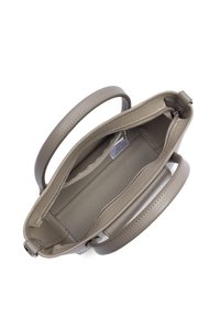 Gray leather handbag with a textured finish, dual handles, and a zippered compartment. Interior features a smooth lining and organizational pockets.