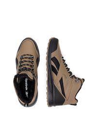 Brązowe skórzane buty turystyczne z czarnymi akcentami, wytrzymałymi podeszwami i metalowymi hakami do sznurowadeł; mają miękką podszewkę wewnętrzną oraz logo na języku.