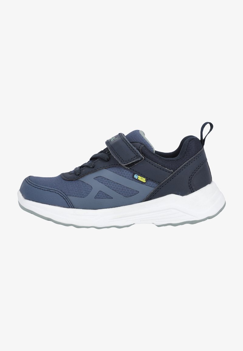 Navy blue athletic shoe with synthetic upper, mesh accents, adjustable strap, and white rubber sole. Features reinforcement around the heel.
