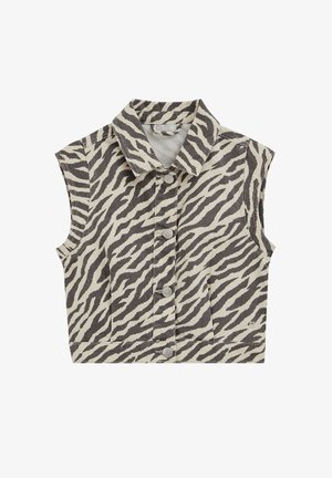 Chaqueta sin mangas recortada con estampado de cebra en beige y gris oscuro. Cuenta con un cuello clásico y cierre frontal de botones con costuras visibles.