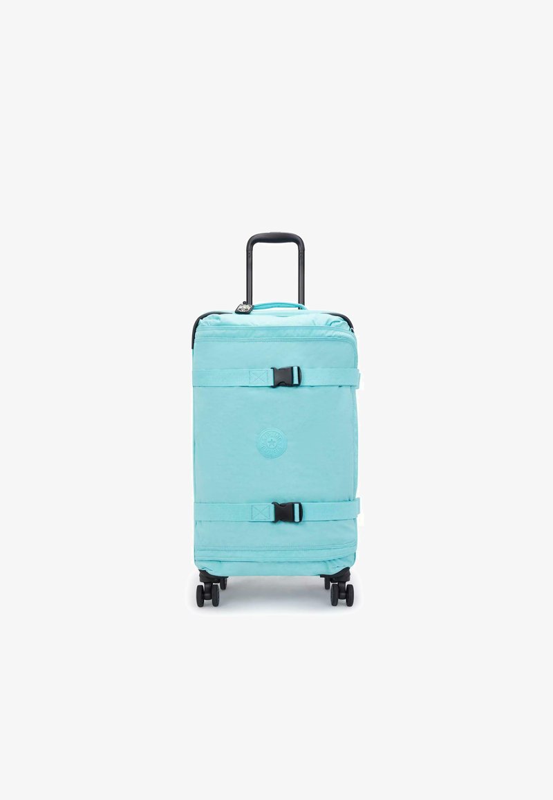 Turquoise rolling suitcase with a textured fabric, black retractable handle, side straps, and four wheels for maneuverability.