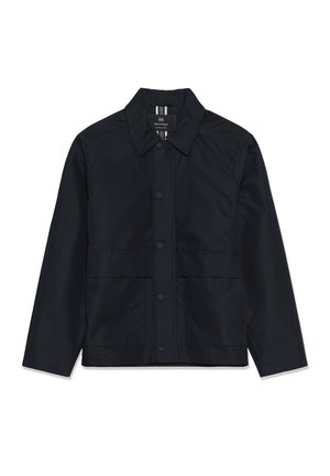 Črno jakno z ovratnikom, sprednjim zapenjanjem na sponke in dvema velikima žepoma na spodnjem delu. Gladek tekstura s preprosto in čisto zasnovo.