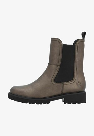 Metallic taupe ankelstøvle med elastiske sidepaneler, tekstureret overflade, rund tå og en holdbar sort gummisål med en let hæl.