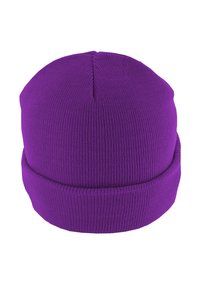 Gorro de punto morado con un dobladillo, mostrado de frente sobre un fondo blanco.