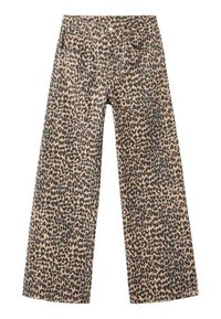 Dvojité nohavice z denimu v pieskových farbách s čiernym leopardím vzorom; obsahujú päť vreciek a predné zapínanie na gombík.