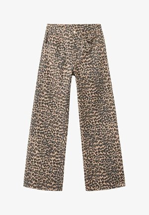 Wide-leg pants made of denim in a tan fabric with a black leopard print pattern; features five pockets and front button closure.