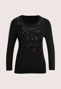 Schwarzes Langarmoberteil mit rundem Halsauschnitt, das mit aufwändiger schwarzer Paillettenstickerei in einem dekorativen Muster im Brustbereich verziert ist.