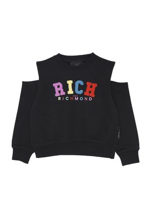 Felpa nera con spalle scoperte, polsini e orlo a costine. Presenta un testo colorato, soffice e sovradimensionato che spell 'RICH JOHN RICHMOND.'
