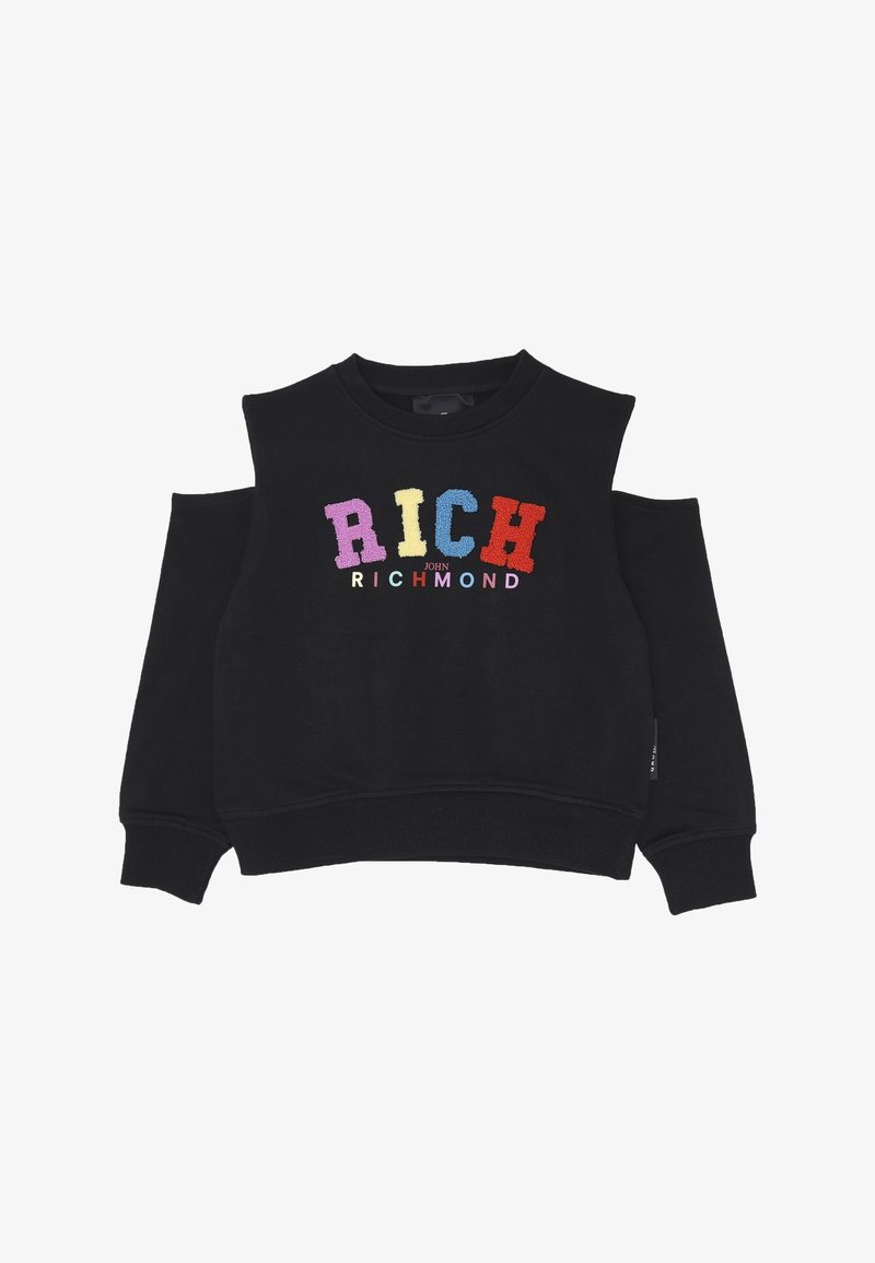 Felpa nera con spalle scoperte, polsini e orlo a costine. Presenta un testo colorato, soffice e sovradimensionato che spell 'RICH JOHN RICHMOND.'