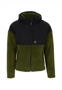 Kapuzenshirt mit einem schwarzen oberen Teil und einem grünen Fleecefutter im unteren Bereich. Mit Reißverschluss und zwei seitlichen Taschen. Weiche Textur.