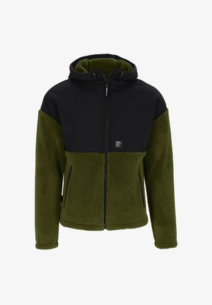 Kapuzenshirt mit einem schwarzen oberen Teil und einem grünen Fleecefutter im unteren Bereich. Mit Reißverschluss und zwei seitlichen Taschen. Weiche Textur.