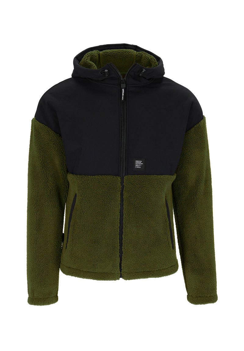 Kapuzenshirt mit einem schwarzen oberen Teil und einem grünen Fleecefutter im unteren Bereich. Mit Reißverschluss und zwei seitlichen Taschen. Weiche Textur.