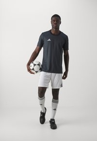 Mørkegrå atletisk skjorte med korte ærmer, parret med hvide shorts, sorte fodboldstøvler og knæhøje stribede strømper. Holder en fodbold.