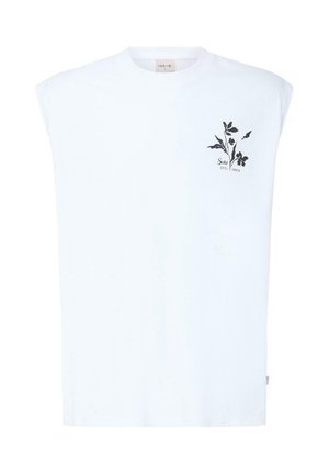 Witte mouwloze T-shirt met zwart bloemmotief en de tekst "Solla EST. 1999" op het linker bovenste borstgebied.