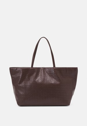 Brown woven leather tote bag with two handles, a structured shape, and a textured surface, featuring a diamond pattern throughout.