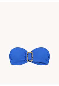Top bikini bandeau blu in tessuto testurizzato, con una fibbia a motivo leopardato al centro. Bordo liscio senza spalline.