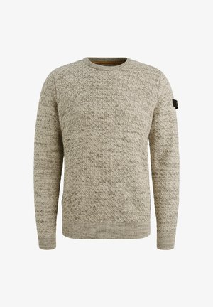 Beiger Strickpullover mit strukturiertem Muster, Rundhalsausschnitt und gerippten Bündchen. Verfügt über ein kleines Akzentlogo am linken Ärmel.