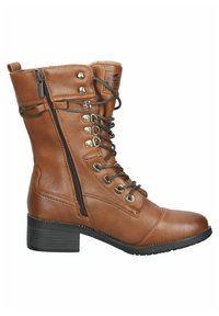 Bottines en cuir marron à lacets avec fermeture éclair sur le côté, bout rond, œillets décoratifs dorés et petit talon bloc.