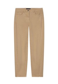 Beige cotton trousers with a straight fit, five-pocket design, and contrasting stitching. The waistband features a metal button closure.