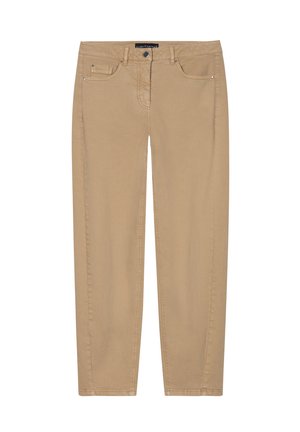 Beige Baumwollhosen mit geradem Schnitt, Fünf-Taschen-Design und kontrastierenden Nähten. Der Taillenbund verfügt über einen Metallknopfverschluss.