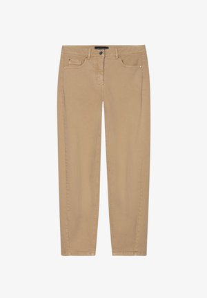 Beige cotton trousers with a straight fit, five-pocket design, and contrasting stitching. The waistband features a metal button closure.