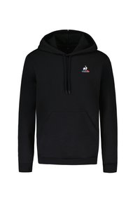 Sudadera negra de mezcla de algodón, con un bolsillo frontal, puños y dobladillo acanalados, y un pequeño logotipo en el pecho con acentos de color.