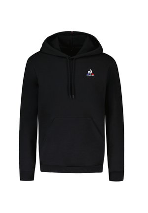 Sudadera negra de mezcla de algodón, con un bolsillo frontal, puños y dobladillo acanalados, y un pequeño logotipo en el pecho con acentos de color.