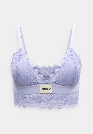 Orvokkiin vivahtava pitsinen rintaliivi, jossa on aaltoileva reuna, säädettävät olkaimet ja merkitty nauha suorakaiteen muotoisella logolapulla. Kuviollinen kukkakuvio.