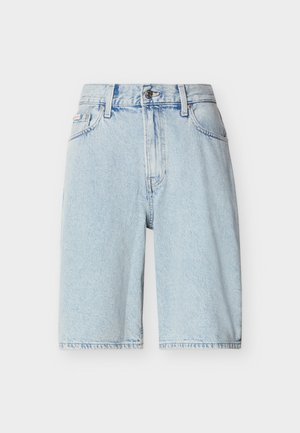 Šviesiai mėlyni džinsiniai šortai su aukštu liemeniu, sagų ir užtrauktuko užsegimu, diržo kilpomis ir priekinėmis kišenėmis.