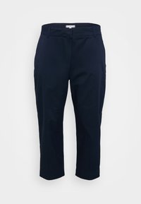 Marineblå skreddersydde bukser med rett passform, stoffet har en glatt tekstur, med standard midjebånd og uten synlige lommer.