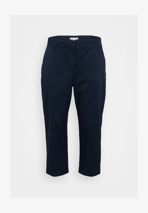 Marineblaue maßgeschneiderte Hosen mit geradem Bein, der Stoff hat eine glatte Textur, mit einem Standardbund und ohne sichtbare Taschen.