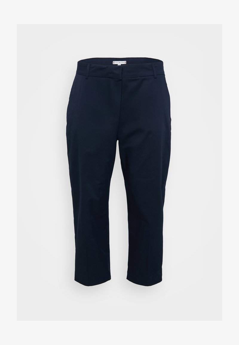 Marineblå skreddersydde bukser med rett passform, stoffet har en glatt tekstur, med standard midjebånd og uten synlige lommer.