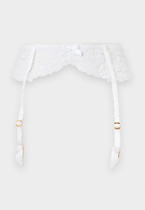 Weißer Spitzenstrumpfhalter mit floralem Muster, kleinem Schleifchen vorne und verstellbaren Satinbändern mit goldfarbenen Clips.