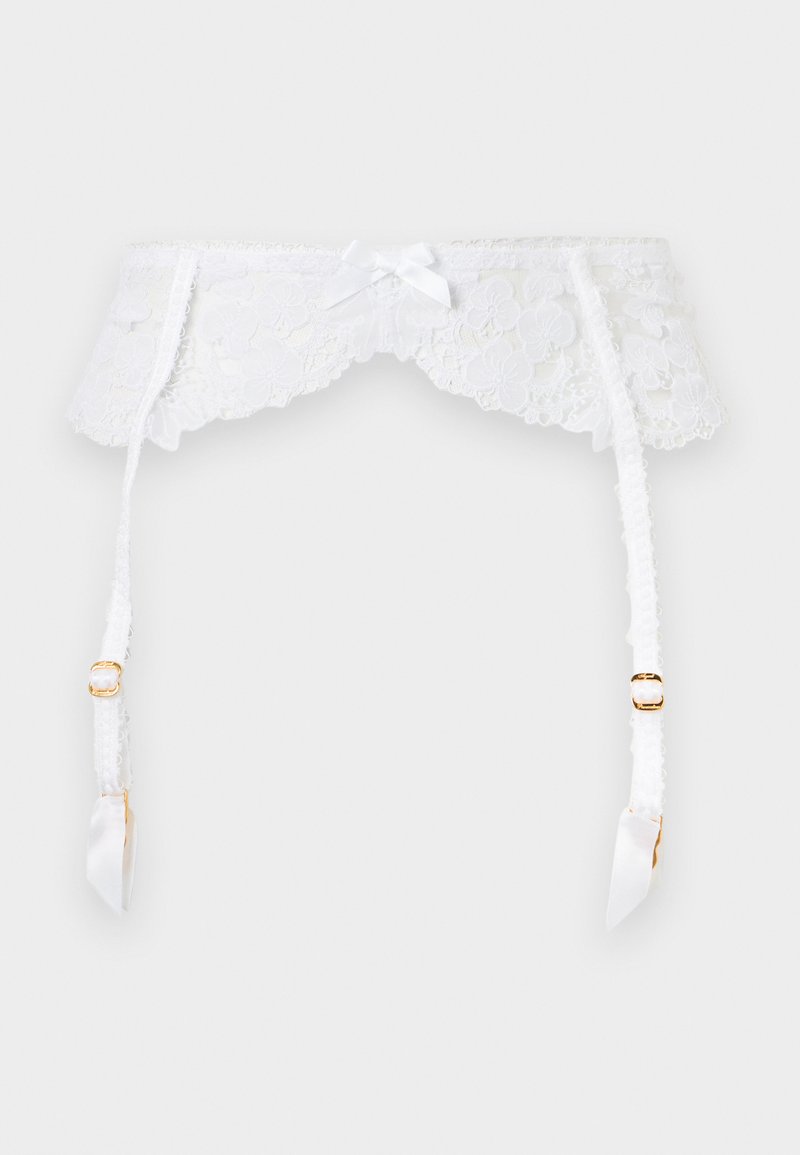 Hvid blonde hofteholder med blomsterprint, lille sløjfe foran og justerbare satinremme med guldfarvede spænder.