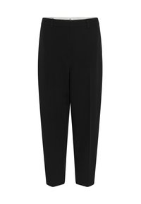 Pantaloni negri personalizați, cu față plată, două buzunare laterale, siluetă elegantă, lungime până la glezne, confecționați dintr-un material neted cu un ușor luciu.