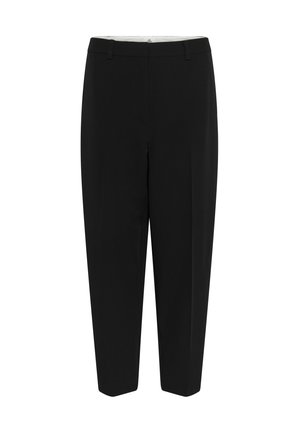 Pantaloni negri personalizați, cu față plată, două buzunare laterale, siluetă elegantă, lungime până la glezne, confecționați dintr-un material neted cu un ușor luciu.