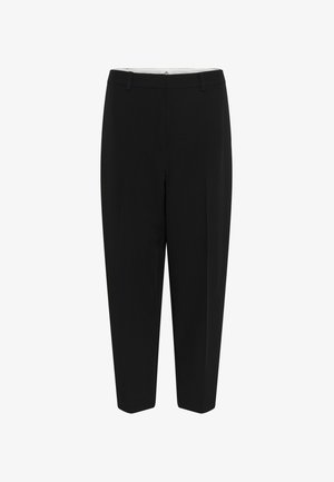 Pantalons noirs ajustés, devant plat, deux poches latérales, silhouette épurée, longueur cheville, fabriqués à partir d'un tissu lisse avec un léger éclat.