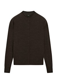 Cardigan marrone scuro realizzato in morbido tessuto a maglia, con scollatura rotonda e abbottonatura frontale con bottoni rotondi distanziati uniformemente.