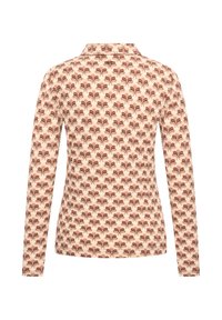 Lange mouwen blouse van lichtbeige stof met een herhalend bruin bloemenpatroon, met een kraag en knoopdetail op de rug.