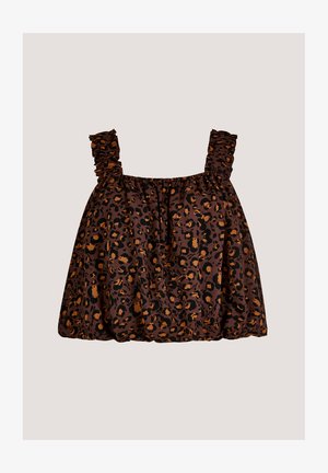 Bezramenný hnědý top s černým a oranžovým leopardím potiskem a volánkovými ramínky, s nařaseným výstřihem a volným střihem.
